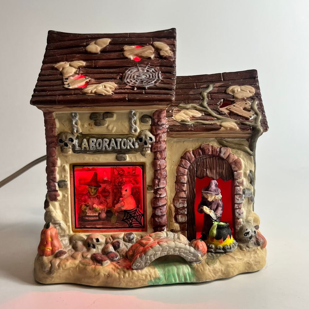 Halloween Village Lighted Laboratory Witches Brew Mummy Haunted House Ceramic